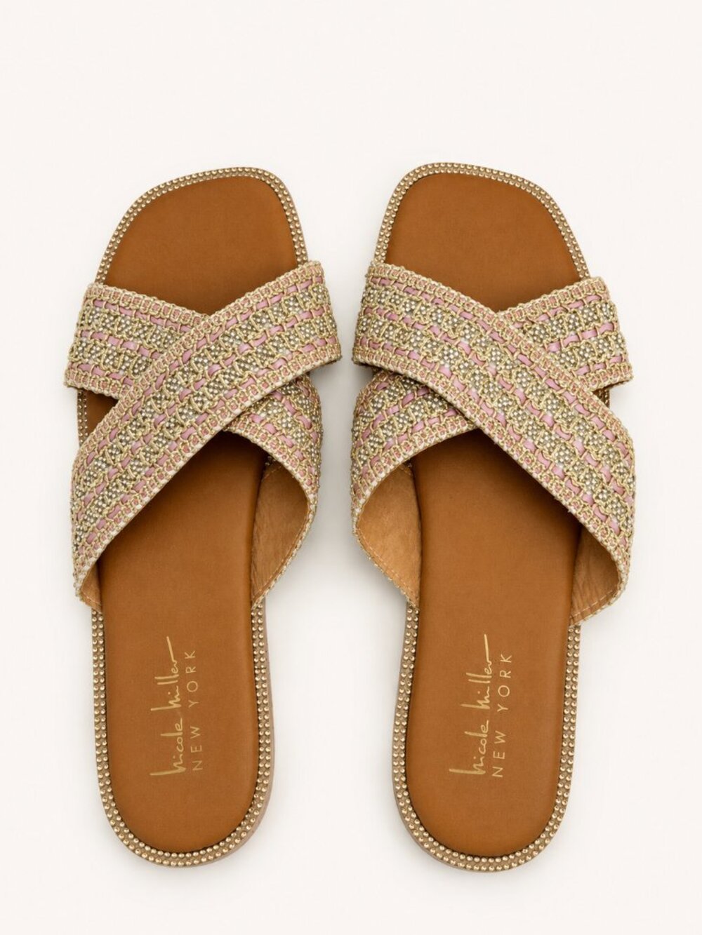 Nicole Miller New York Sandals Womens 7.5 Pink Gold Embellished Woven Slides